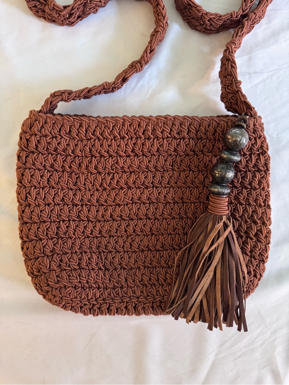 Sharif Crocheted Crossbody Bag - Rust Brown